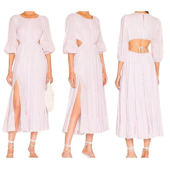 Cinq A Sept Lyle Midi Dress Cutout Striped Smocked Pale Iris Purple Size 8 Glam - Picture 1 of 16